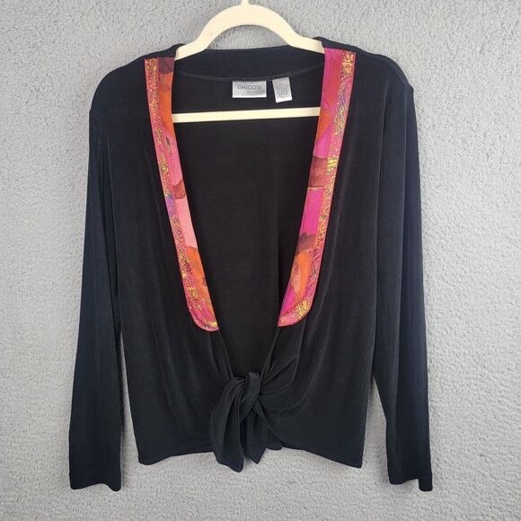Chicos Travelers Black Tie Front Cardigan Size 0 Pink Silk Trim Stretch Knit - Picture 1 of 10
